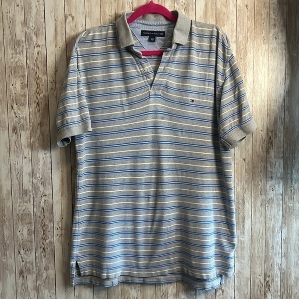 Tommy Hilfiger Blue and Grey Striped Short Sleeved Polo Shirt